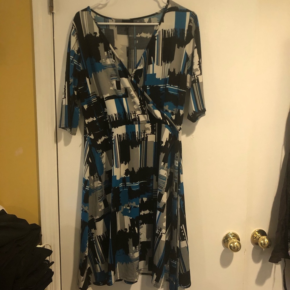 Blue white and black wrap dress